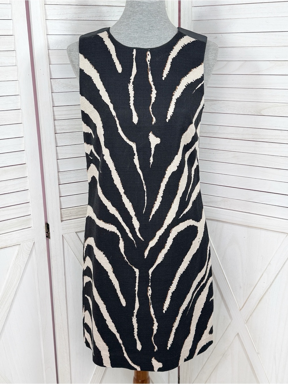 Loft Zebra Animal Print Woven Cotton Sheath Shift Dress Sleeveless Black Cream 8